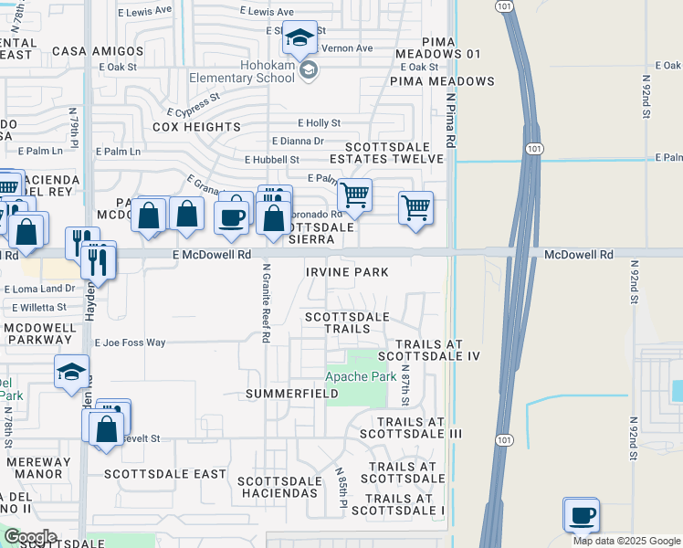 map of restaurants, bars, coffee shops, grocery stores, and more near 8521 East McDowell Road in Scottsdale