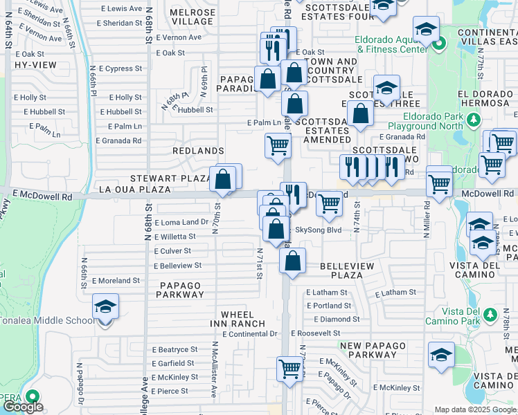map of restaurants, bars, coffee shops, grocery stores, and more near 7049 East McDowell Road in Scottsdale