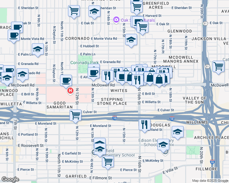 map of restaurants, bars, coffee shops, grocery stores, and more near 1412 East Brill Street in Phoenix