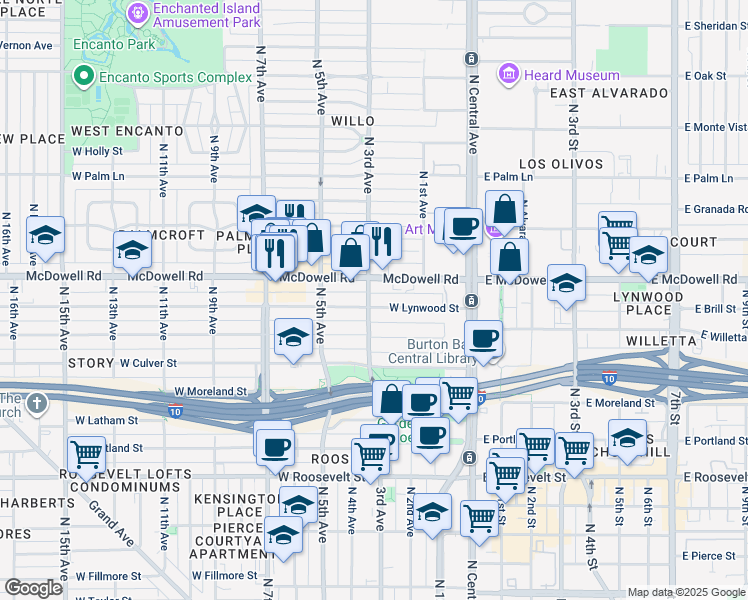map of restaurants, bars, coffee shops, grocery stores, and more near 302 West Lynwood Street in Phoenix