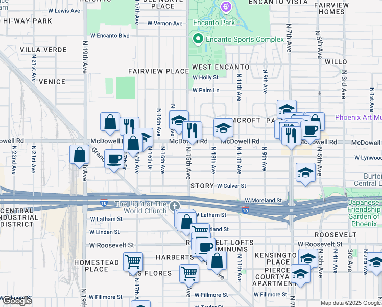 map of restaurants, bars, coffee shops, grocery stores, and more near 1330 West Lynwood Street in Phoenix