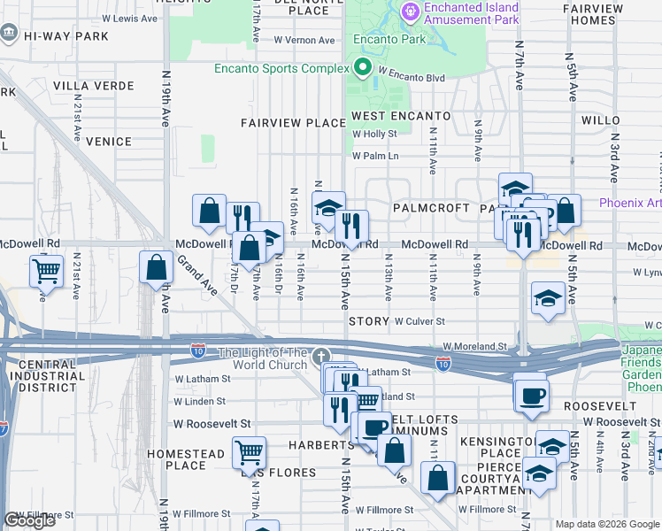 map of restaurants, bars, coffee shops, grocery stores, and more near 1514 West Lynwood Street in Phoenix