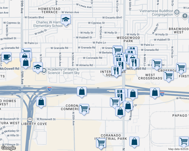 map of restaurants, bars, coffee shops, grocery stores, and more near 5236 West Brill Street in Phoenix
