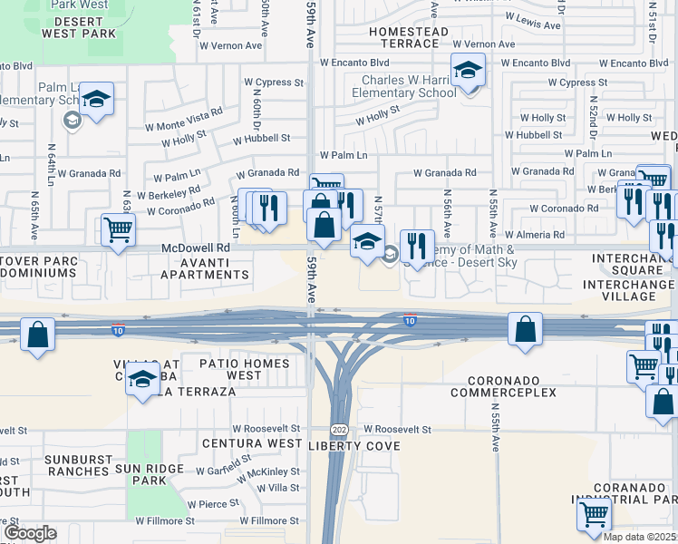 map of restaurants, bars, coffee shops, grocery stores, and more near 5821 W McDowell Rd in Phoenix