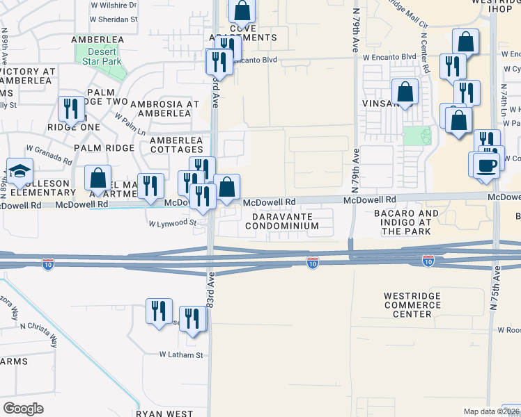 map of restaurants, bars, coffee shops, grocery stores, and more near 1522 North 81st Lane in Phoenix