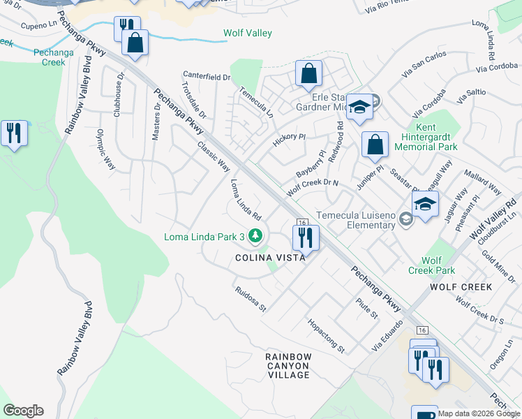map of restaurants, bars, coffee shops, grocery stores, and more near 45306 Esplendor Court in Temecula