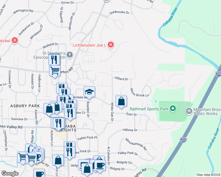 map of restaurants, bars, coffee shops, grocery stores, and more near 3285 Farrington Wood Drive in Vestavia Hills
