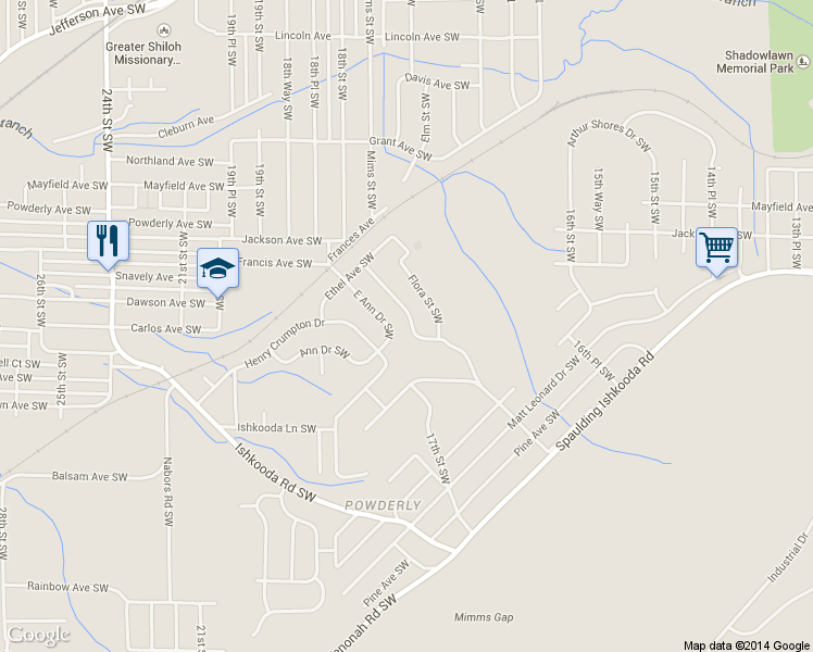 map of restaurants, bars, coffee shops, grocery stores, and more near 252 Gloria Road Southwest in Birmingham