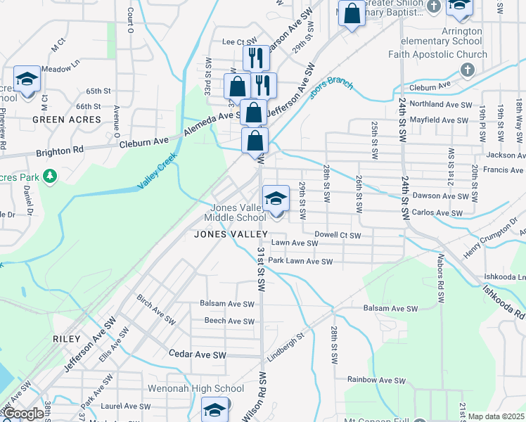 map of restaurants, bars, coffee shops, grocery stores, and more near 2000 31st Street Southwest in Birmingham