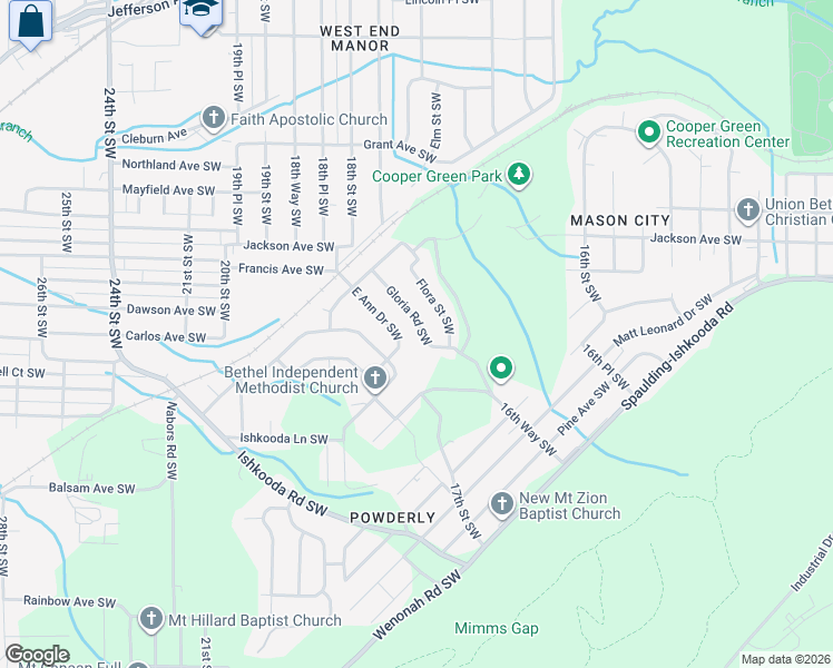 map of restaurants, bars, coffee shops, grocery stores, and more near 252 Gloria Road Southwest in Birmingham