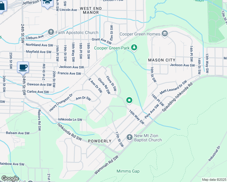 map of restaurants, bars, coffee shops, grocery stores, and more near 252 Gloria Road Southwest in Birmingham