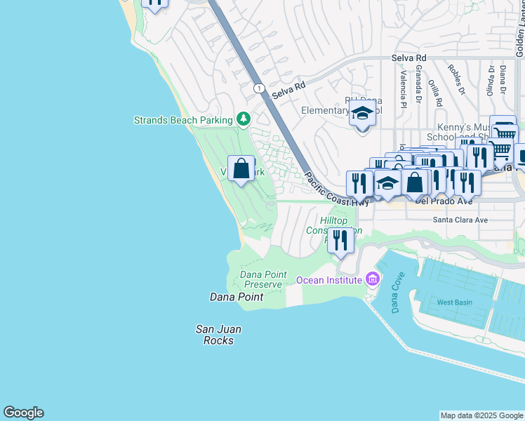 map of restaurants, bars, coffee shops, grocery stores, and more near 7 Pacific Wave Circle in Dana Point
