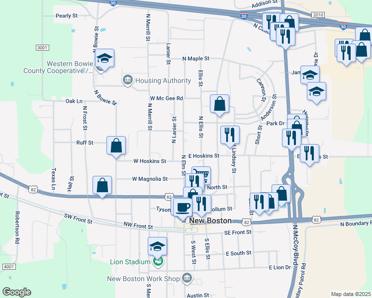 map of restaurants, bars, coffee shops, grocery stores, and more near 408 North Elm Street in New Boston
