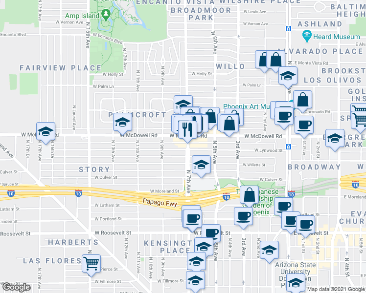 map of restaurants, bars, coffee shops, grocery stores, and more near 706 West Lynwood Street in Phoenix