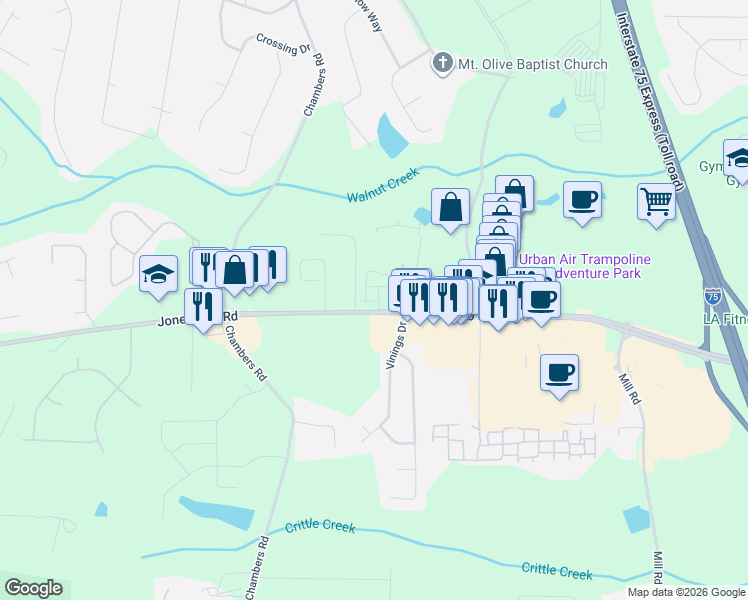 map of restaurants, bars, coffee shops, grocery stores, and more near 107 Crown Park Drive in McDonough