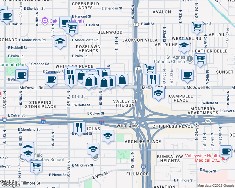 map of restaurants, bars, coffee shops, grocery stores, and more near 1902 East Brill Street in Phoenix