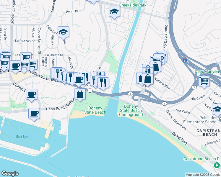 map of restaurants, bars, coffee shops, grocery stores, and more near 1309 Doheny Way in Dana Point