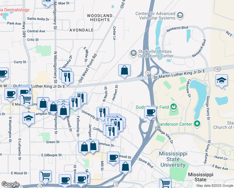 map of restaurants, bars, coffee shops, grocery stores, and more near 210 Herbert Street in Starkville