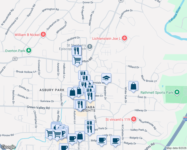map of restaurants, bars, coffee shops, grocery stores, and more near 3220 Overton Manor Dr in Vestavia Hills