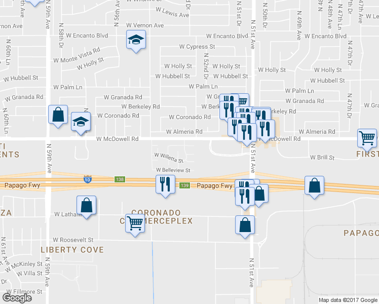 map of restaurants, bars, coffee shops, grocery stores, and more near 5236 West Brill Street in Phoenix