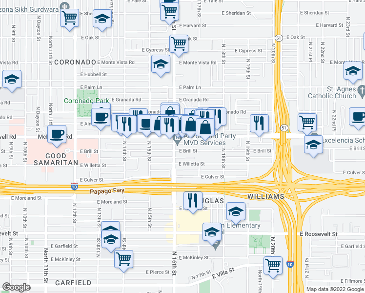 map of restaurants, bars, coffee shops, grocery stores, and more near 1614 East Brill Street in Phoenix