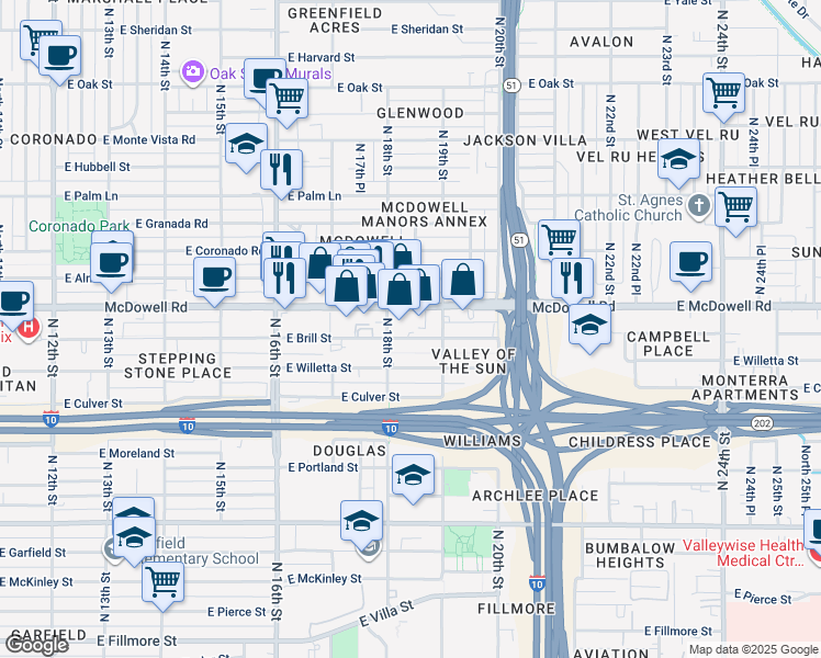 map of restaurants, bars, coffee shops, grocery stores, and more near 1818 East Brill Street in Phoenix
