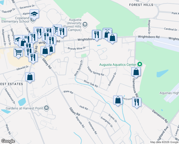 map of restaurants, bars, coffee shops, grocery stores, and more near 1917 Valley Spring Rd in Augusta