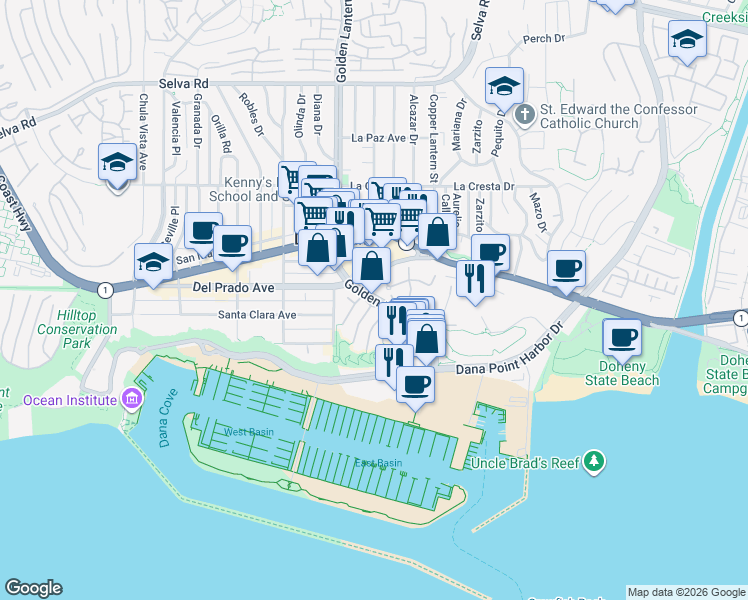map of restaurants, bars, coffee shops, grocery stores, and more near Street of the Golden Lantern in Dana Point