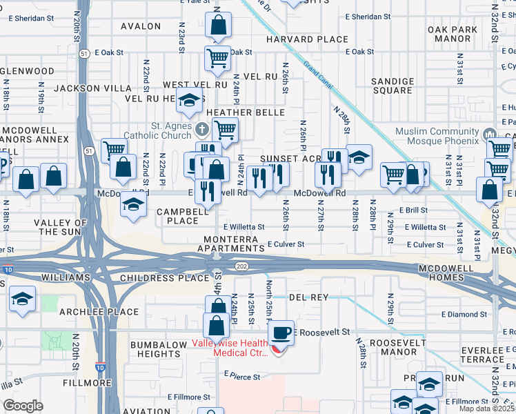 map of restaurants, bars, coffee shops, grocery stores, and more near 2504 East Brill Street in Phoenix