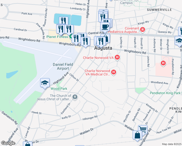 map of restaurants, bars, coffee shops, grocery stores, and more near 1825 Maryland Avenue in Augusta