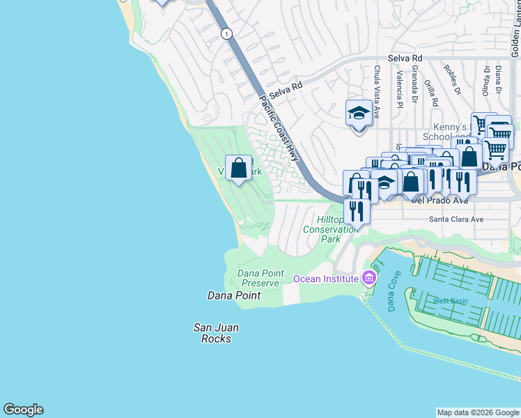 map of restaurants, bars, coffee shops, grocery stores, and more near 7 Pacific Wave Circle in Dana Point