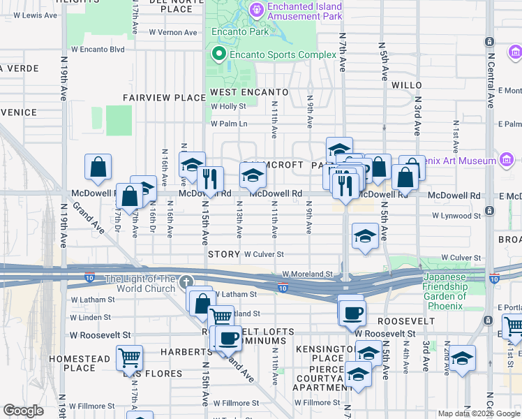 map of restaurants, bars, coffee shops, grocery stores, and more near 1118 West Lynwood Street in Phoenix