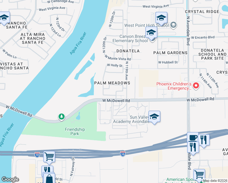 map of restaurants, bars, coffee shops, grocery stores, and more near 1714 North 119th Lane in Avondale