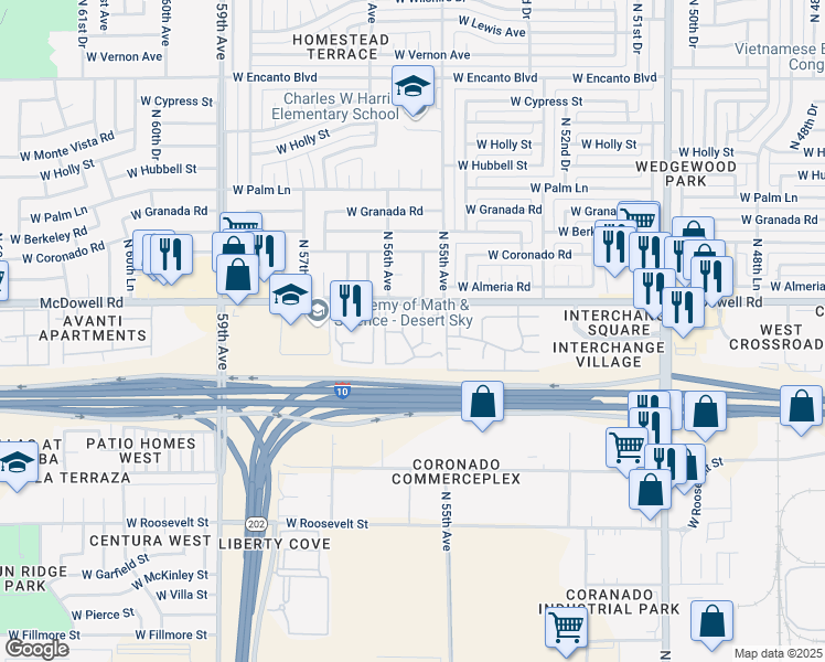 map of restaurants, bars, coffee shops, grocery stores, and more near 5535 West McDowell Road in Phoenix
