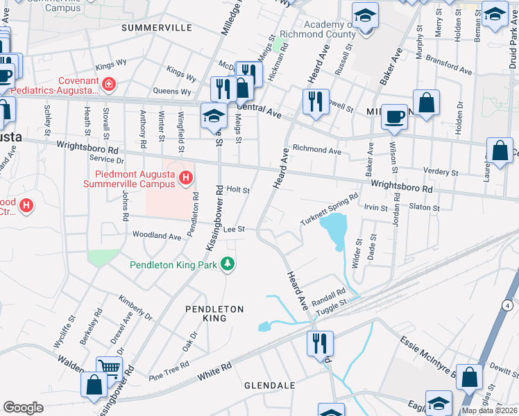 map of restaurants, bars, coffee shops, grocery stores, and more near 1422 Hickman Road in Augusta