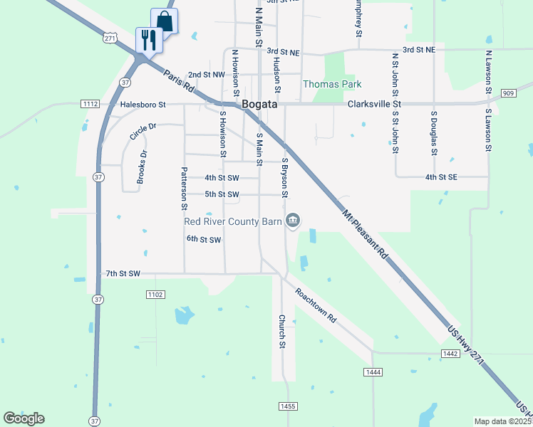 map of restaurants, bars, coffee shops, grocery stores, and more near 516 South Main Street in Bogata