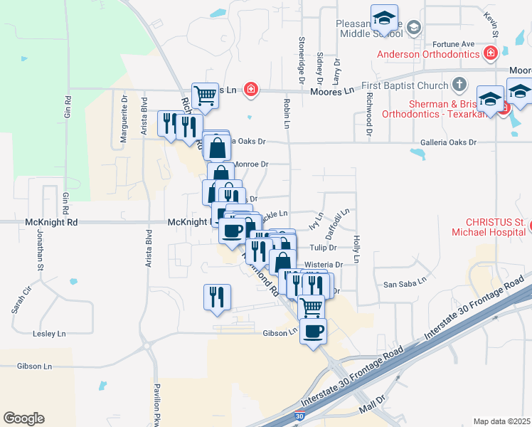 map of restaurants, bars, coffee shops, grocery stores, and more near 4012 Honeysuckle Lane in Texarkana