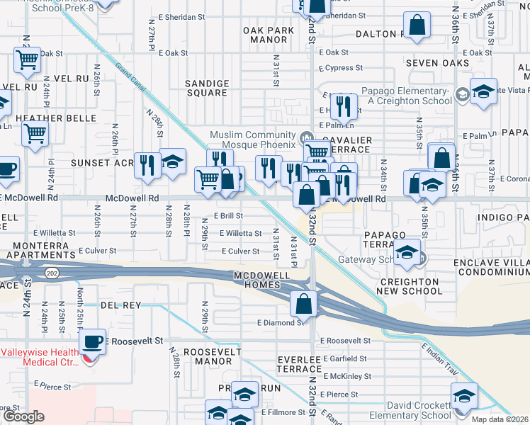map of restaurants, bars, coffee shops, grocery stores, and more near 3036 East Brill Street in Phoenix