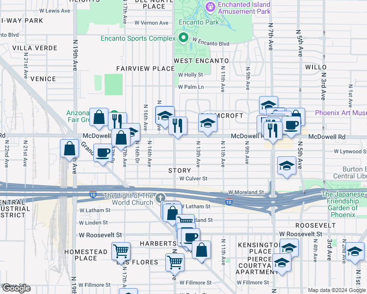 map of restaurants, bars, coffee shops, grocery stores, and more near 1330 West Lynwood Street in Phoenix