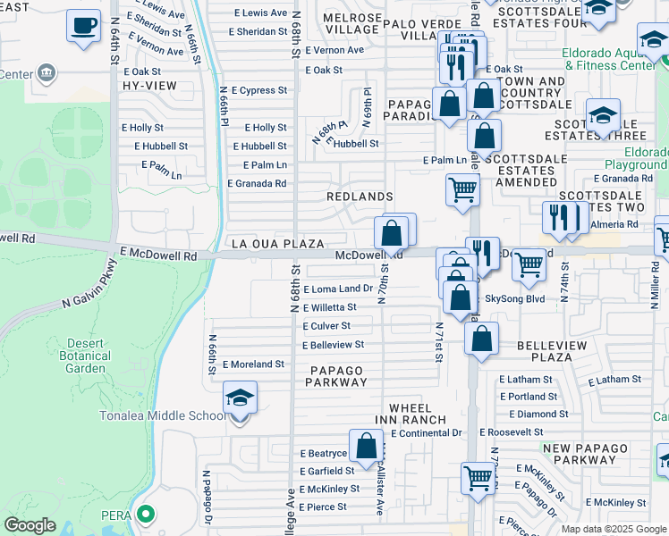 map of restaurants, bars, coffee shops, grocery stores, and more near 6861 East McDowell Road in Scottsdale