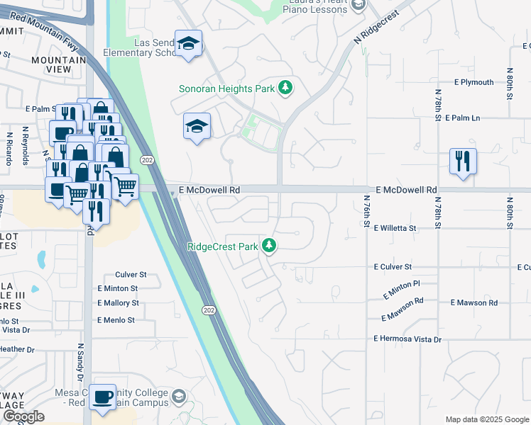 map of restaurants, bars, coffee shops, grocery stores, and more near 7261 East Norland Street in Mesa