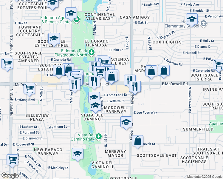 map of restaurants, bars, coffee shops, grocery stores, and more near 7843 East McDowell Road in Scottsdale