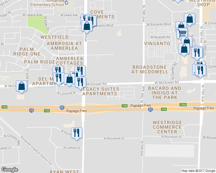 map of restaurants, bars, coffee shops, grocery stores, and more near 1522 North 81st Lane in Phoenix