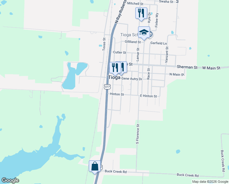 map of restaurants, bars, coffee shops, grocery stores, and more near 302a Hinton Street in Tioga