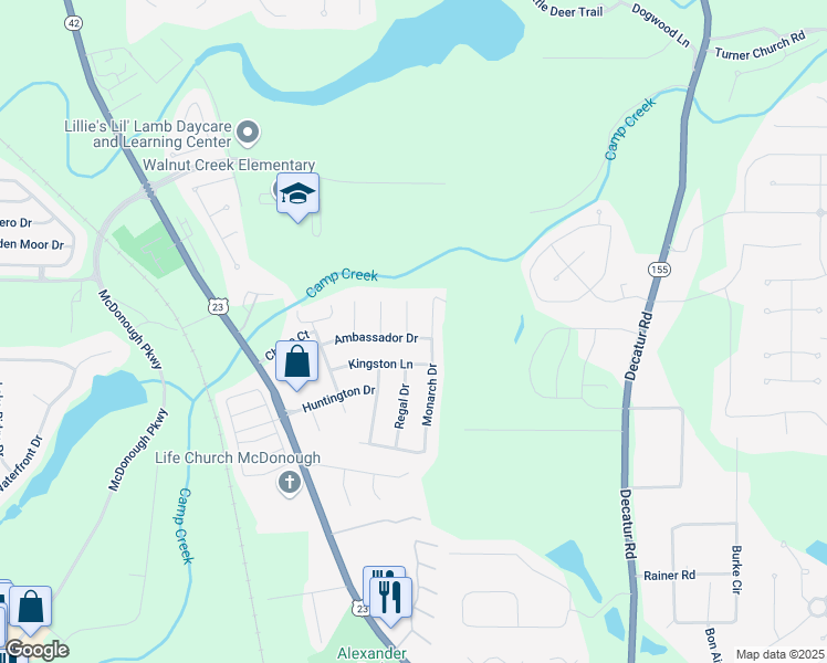 map of restaurants, bars, coffee shops, grocery stores, and more near 7000 Regency Lane in McDonough