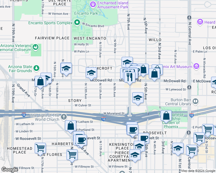 map of restaurants, bars, coffee shops, grocery stores, and more near 916 West Lynwood Street in Phoenix