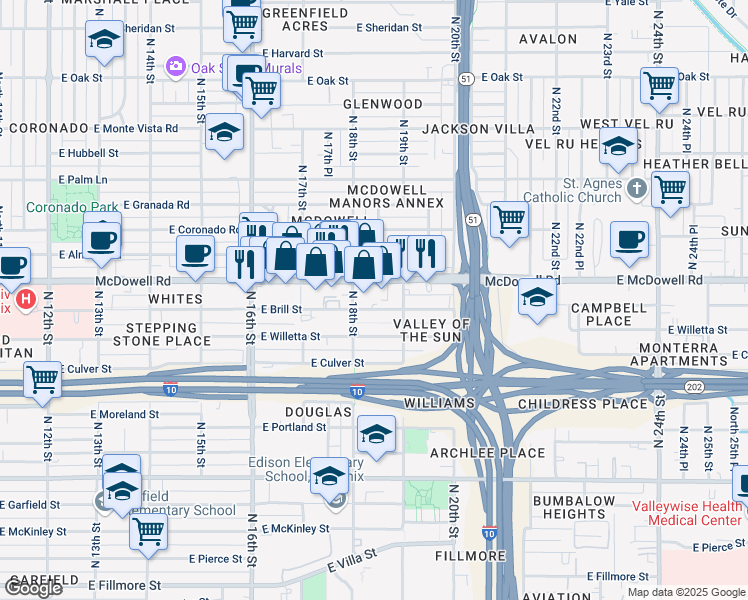 map of restaurants, bars, coffee shops, grocery stores, and more near 1818 East Brill Street in Phoenix
