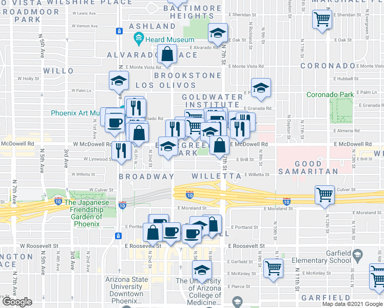 map of restaurants, bars, coffee shops, grocery stores, and more near 1430 North 5th Street in Phoenix