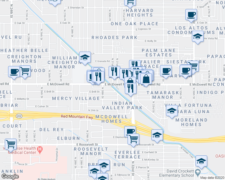 map of restaurants, bars, coffee shops, grocery stores, and more near 3034 East Brill Street in Phoenix