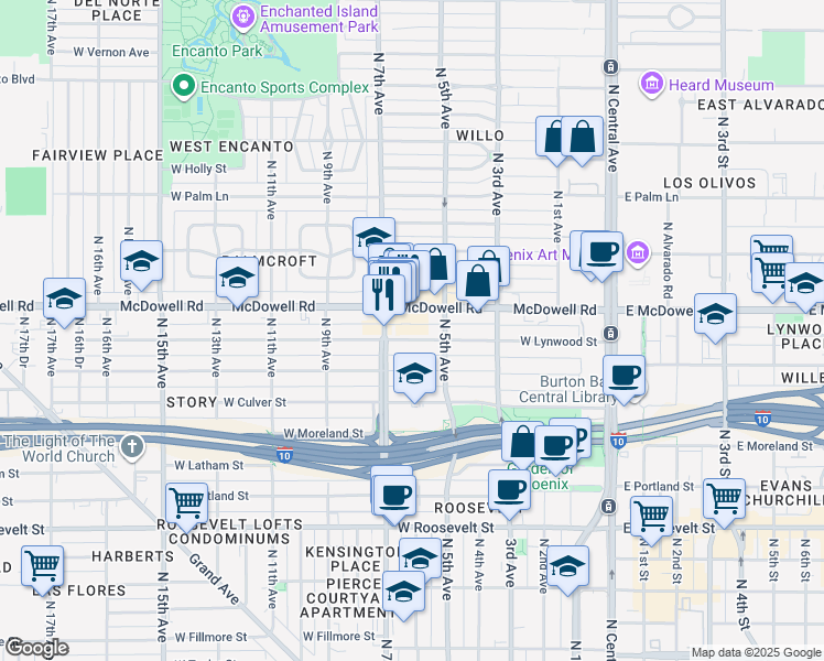 map of restaurants, bars, coffee shops, grocery stores, and more near 522 West Lynwood Street in Phoenix